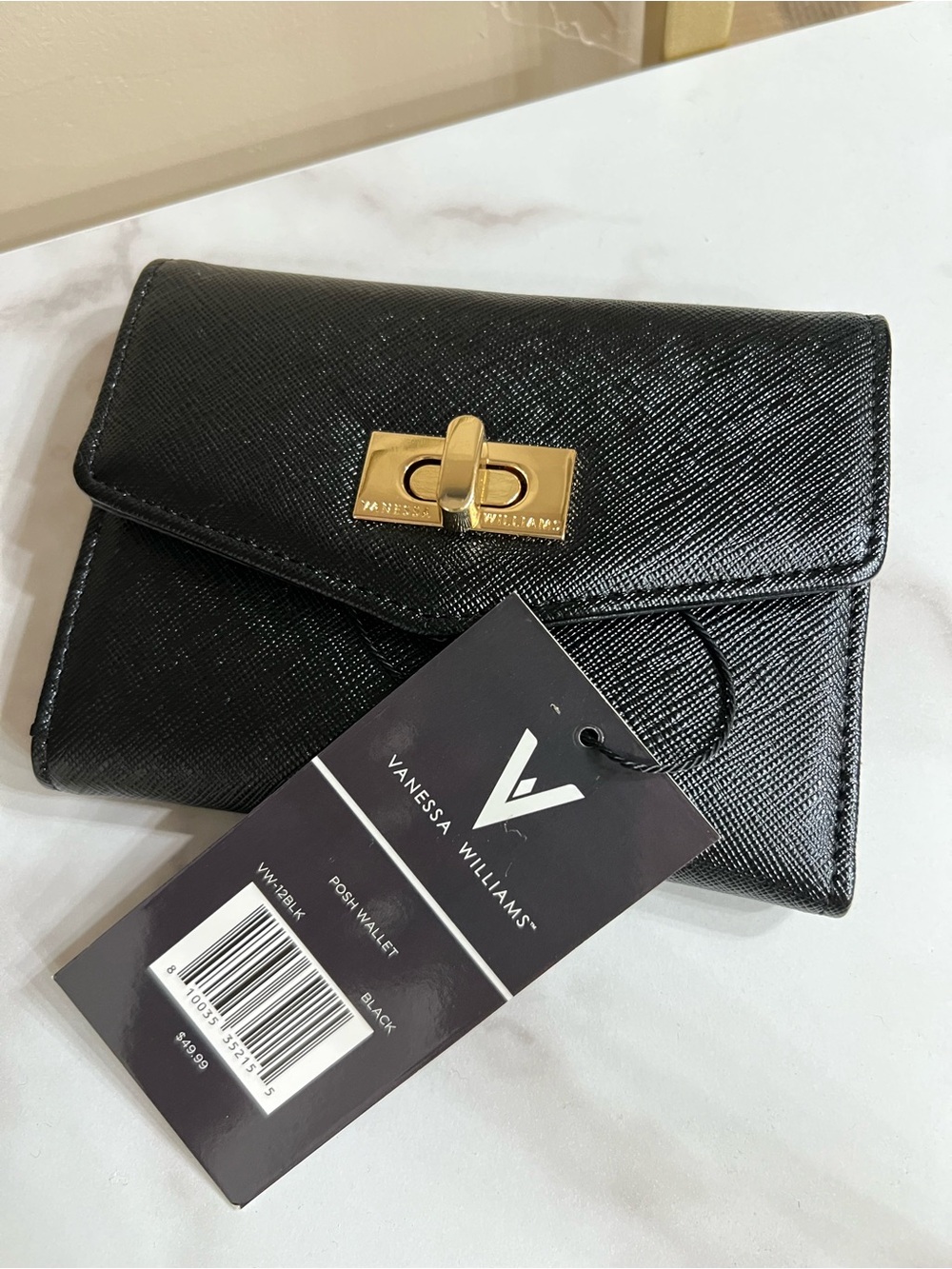 Vanessa Williams Black Textured Leather Wallet with Gold Turnlock